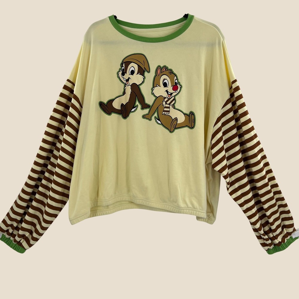 Disney Kidcore Chip n Dale Sweatshirt Women 3X Pastel Yellow Striped Retro